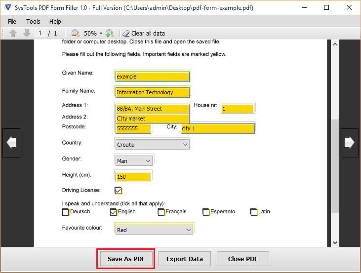 save PDF form with data